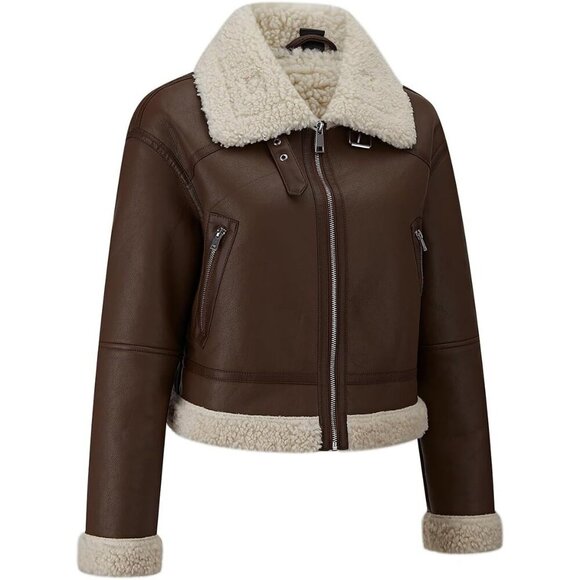 Women's Fur Leather Jacket Shearing Cropped Faux Fur Lined Moto Biker 155 Brown - Picture 2 of 5